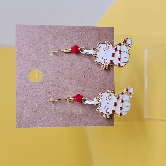 Jewelry - White Kitty with Hearts Earrings